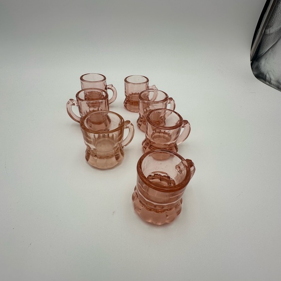 Vintage Pink Depression Glass Mini Beer Mug Shot Glass Lot of 7 - Picture 3 of 7